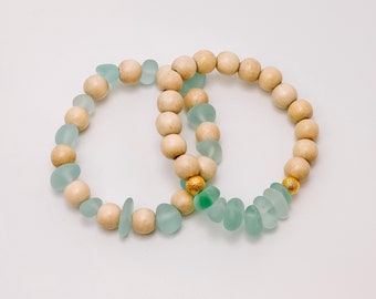 Sea glass Bracelet, Sea Glass and Wood Bracelet, Sea Glass Bracelets, Beach Bracelet, Beach glass Bracelet, Sea Glass, Summer Bracelet