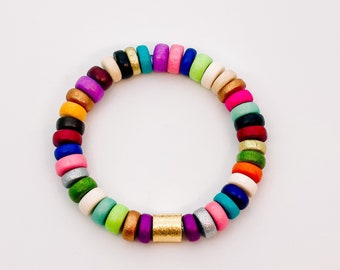 Pulsera de cuentas de madera multicolor, cuentas de disco de madera, pulseras apiladas, pulseras apiladas, arcoíris, multicolor