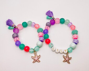 Pulsera de estrellas de mar y conchas, pulsera de amuletos de estrellas de mar, pulsera de cuentas pastel, pulsera para niños, pulsera de conchas, pulsera de verano, pulsera de playa
