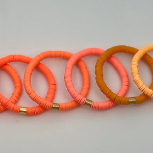 Orange Heishi Bead Bracelet, Vinyl Disc Bracelet, Orange Clay Bracelet with Gold Bead, Mix and Match Bracelets, Trendy Bracelets, Multicolor