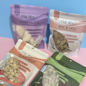 Pack de premios para perros 100% liofilizados: Pollo, pato, salmón - Puntas de cola (Reino Unido)