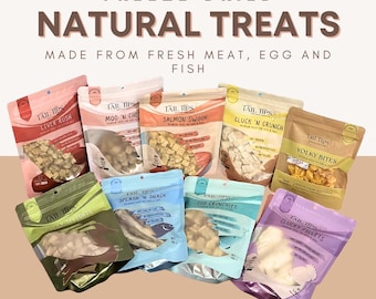 Golosinas liofilizadas para perros y gatos / Naturales / Sin rellenos / Sin cereales / Pescado, pollo, yema de huevo, pato, ternera / Reino Unido