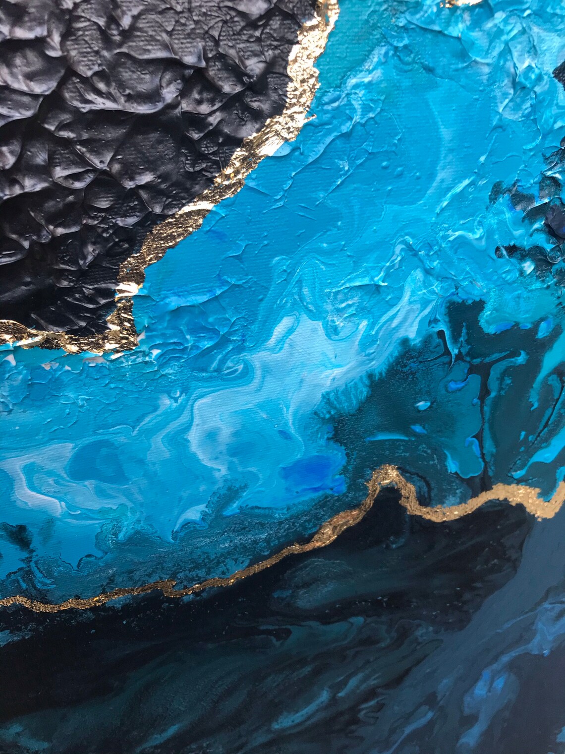 Blue abstraction painting with gold black original painting Etsy