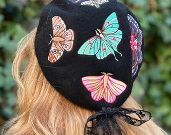 Embroidered Moth Beret Dark Academia, Cottagecore, Gothic Nature Accessory
