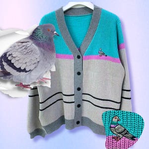 May include: A teal, gray, and pink cardigan sweater with a V-neck and black buttons. The word "PIGEON" is at the top. A pigeon is embroidered on the sweater and on a patch. The brand name "POPINBER" is at the bottom.