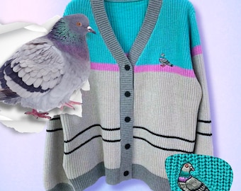 Embroidered Pigeon Cardigan: Unisex Cotton Knit Sweater