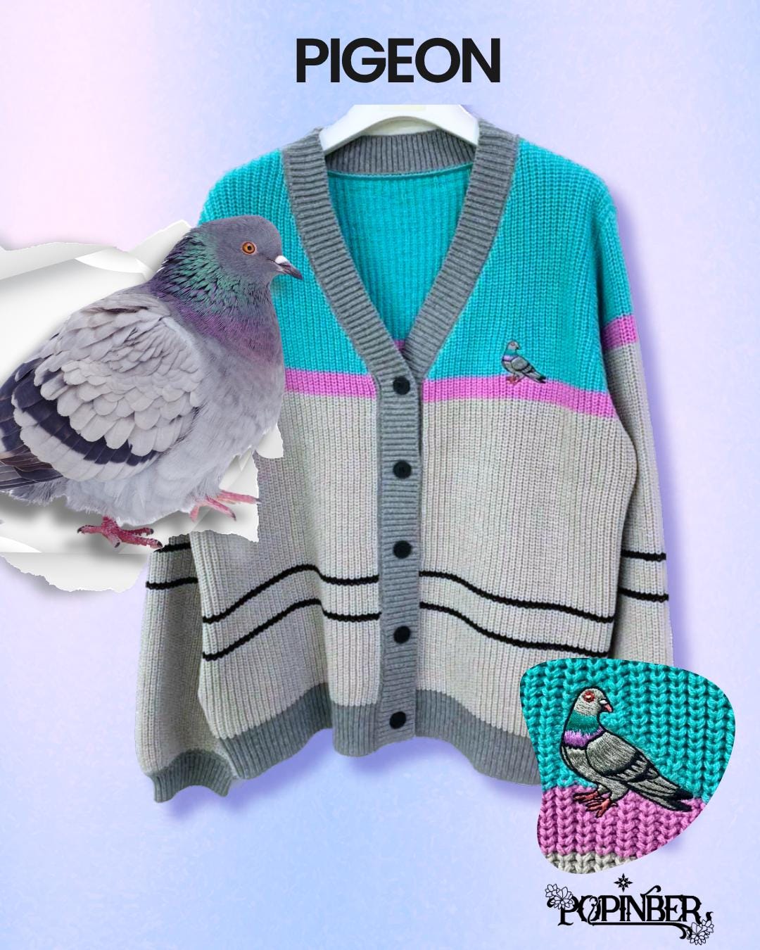 Embroidered Pigeon Cardigan: Unisex Cotton Knit Sweater