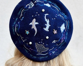 Ocean Animal Embroidered Beret, Shark & Ray Marine Life Hat, Sea Lover Gift, Marine Biology