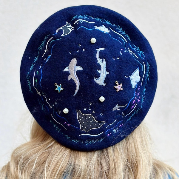 Ocean Animal Embroidered Beret, Shark & Ray Marine Life Hat, Sea Lover Gift, Marine Biology