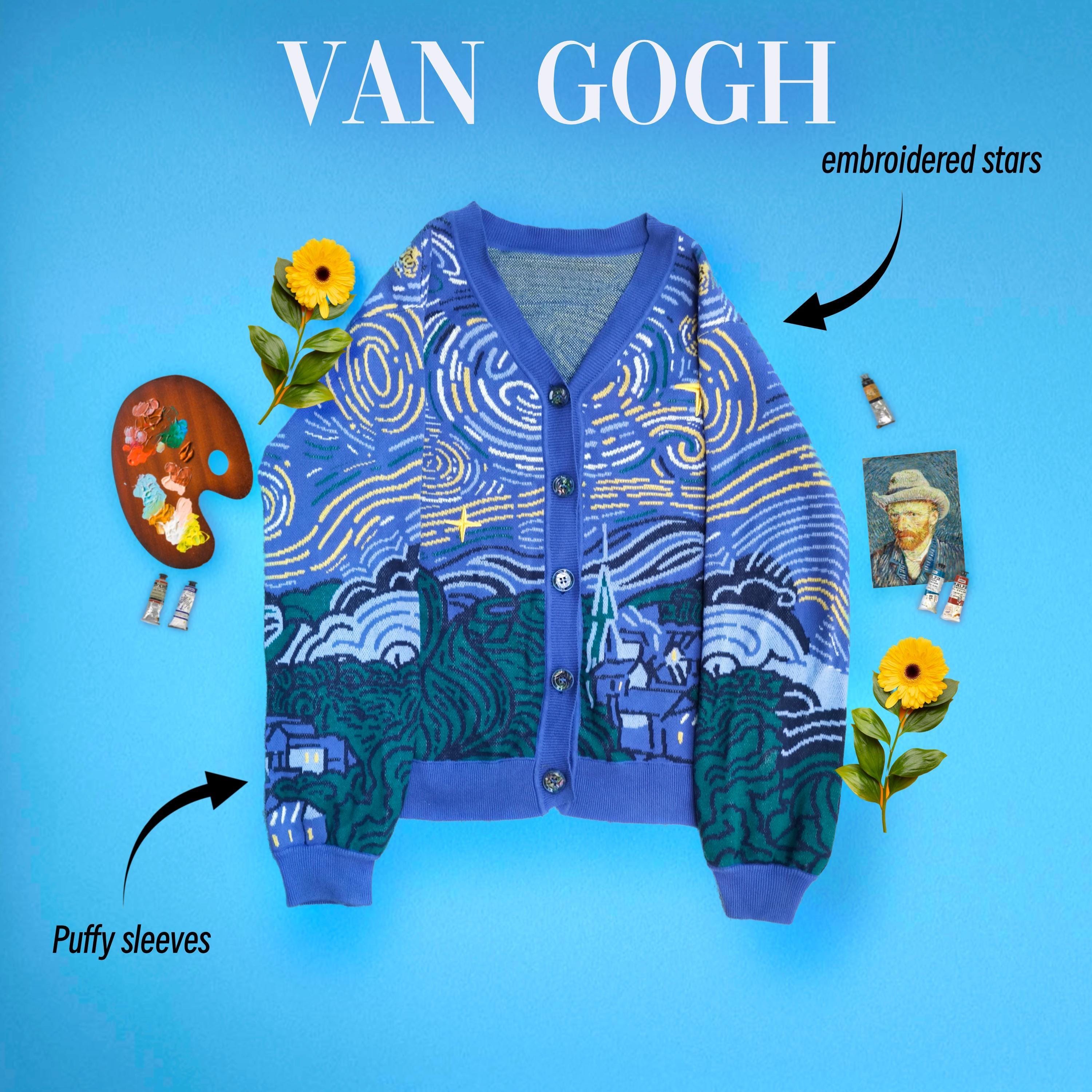 Van Gogh Starry Night Cardigan Embroidered Cotton Knit Artinspired