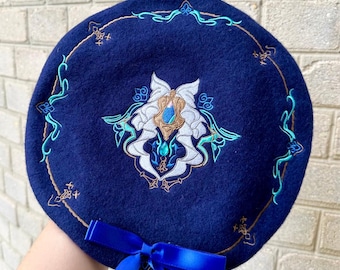 Neuvillette Genshin Impact Beret – Embroidered Cosplay Hat, Fontaine Hydro Vision Anime Fashion Accessory