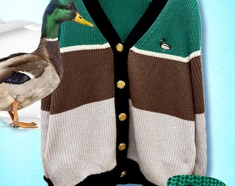 Embroidered Duck Cardigan: Unisex Cotton Knit Sweater