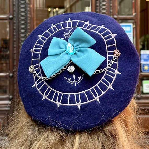 Wool Blue Beret Embroidered Face Unique Hand-embroidered Light Blue Wool Beret With Flower  main image 2