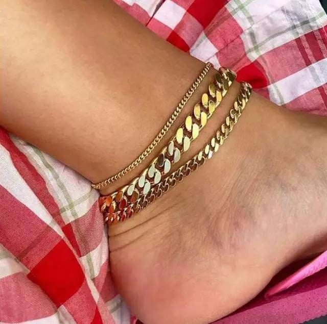 THREE PIECE Anklet, 18K Gold filled Cuban link chain Anklet, gold ank…