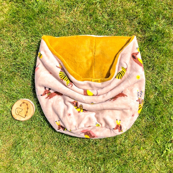 Lottie's Label - Reversible Snuggle Sack - Bee Dachshund & Mustard - Small Dog Bed - Calming Pet Bed - Luxury Dog Bed - Puppy Bed