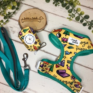 Lottie&#39;s Label - Adjustable Chest Harness & Lead Set - Yoga Puppy - Blue Yellow - Puppy Harness Small Dog Harness Set Frenchie Pug Poop Bag