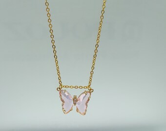 Butterfly Shiny Butterfly Glass Pendant Necklace gold Charm Crystal pink purple