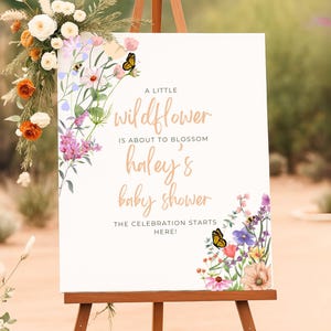 Letrero de bienvenida para baby shower con flores silvestres, decoración personalizada para fiesta, estampado floral, póster personalizado, cartón pluma, Baby In Bloom