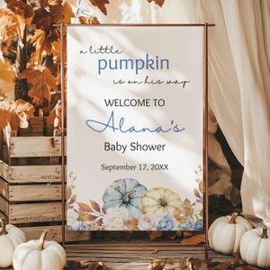 PRINTED SHIPPED Little Pumpkin Baby Shower Welcome Sign, Blue Boy Fall, Personalized, Autumn, Harvest Party, Custom Poster, Foam Decor