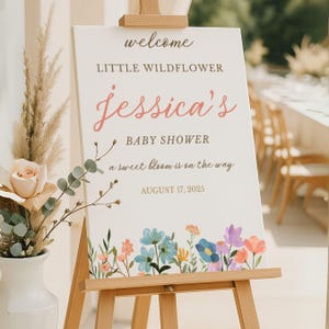 Letrero de bienvenida para baby shower con flores silvestres, decoración personalizada para fiesta, estampado floral, póster personalizado, cartón pluma, Baby In Bloom