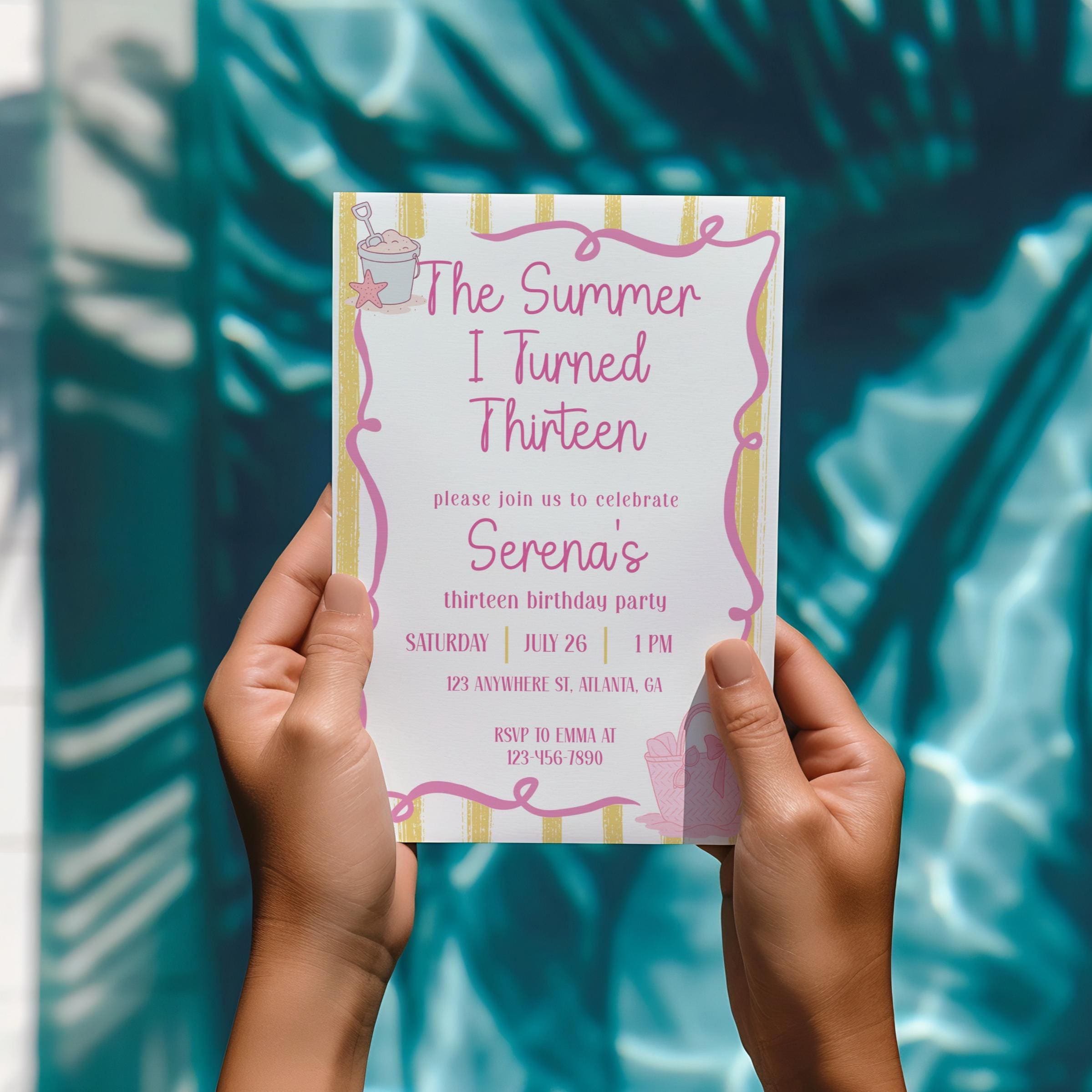 Thirteenth Coastal Beach Birthday Party Invitations Template, Editable Invite, Personalized Summer Teen, 13th bday Girl, Milestone, Digital
