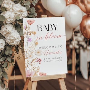 Baby In Bloom Baby Shower Welcome Sign, Floral Poster, Wildflower Decor, Custom Digital Download, Printable, Template, Garden Party Girl