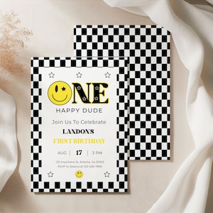 One Happy Dude First Birthday Invitations Editable Template, Custom Invite, Personalized Black, Yellow Boy 1st Bday Party, Digital Download