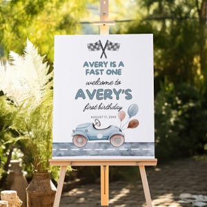 PRINTED SHIPPED Fast One First Birthday Welcome Sign, Personalized 1st Bday Party Decor, Race Car boy Decoration, Custom Poster, Foam