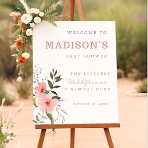 Letrero de bienvenida para baby shower con flores silvestres, decoración personalizada para fiesta, estampado floral, póster personalizado, cartón pluma, Baby In Bloom