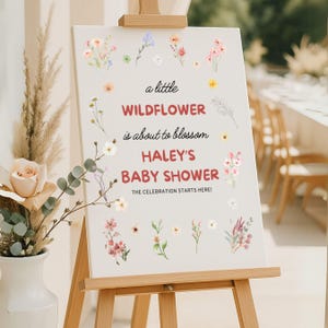 Letrero de bienvenida para baby shower con flores silvestres, decoración personalizada para fiesta, estampado floral, póster personalizado, cartón pluma, Baby In Bloom