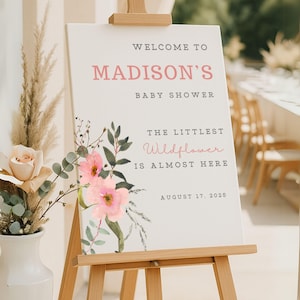Letrero de bienvenida para baby shower con flores silvestres, decoración personalizada para fiesta, estampado floral, póster personalizado, cartón pluma, Baby In Bloom