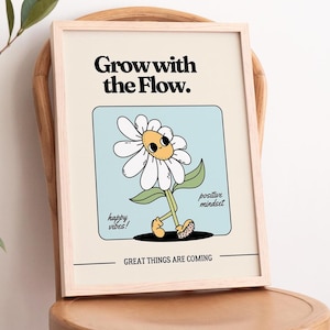 Impresión de mascota retro, crece con la corriente, arte de pared motivacional de los años 70, decoración vintage para el hogar y la oficina, póster de flores