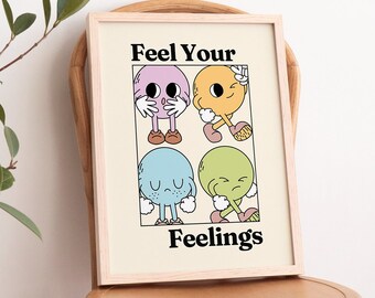 Retro Mascot Emotions Print, Feel Your Feelings Quote (Digital Download)