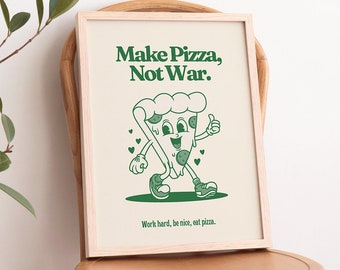 Retro Pizza Mascot Art Print, 70s Cartoon Kitchen Decor (Digital Download)