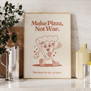 Pizza Retro Print, Kitchen Wall Art, 70's Cartoon Character, Pizza Mascot, Home Office Art Print, Red and Beige, UNFRAMED