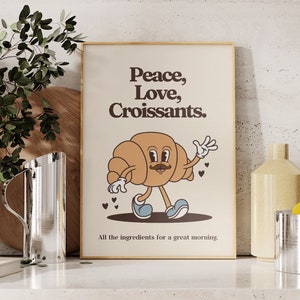 Croissant Retro Print, Keuken Wall Art, 70's Stripfiguur, Croissant Mascotte, Home Office Art Print, Peace Love Breakfast, UNFRAMED