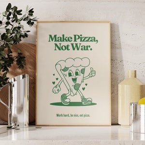 Pizza Retro Print, Kitchen Wall Art, 70's Cartoon Character, Pizza Mascot, Home Office Art Print, Green and Beige, UNFRAMED