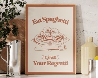 Retro Kitchen Print, Eat Spaghetti Quote, 70s Cartoon Art