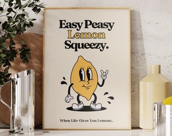 Easy Peasy Lemon Squeezy Print, Retro Cartoon Character Poster, Motivational Kitchen Wall Art, Vintage 70s Art, UNFRAMED