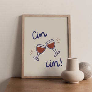Handgetekende cin cin gedrukte poster, barwagen print, wijnglazen cheers kunst aan de muur, keukendecor, beige en blauw decor, INGELIJSTE