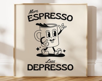 以下が含まれることがあります： 白地に、顔のある漫画のコーヒーカップと「More Espresso Less Depresso」というテキストが描かれた白黒のイラストです。