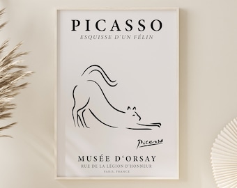 Picasso Cat Line Art Print, Minimalist Mid-Century Decor (Digital Download)