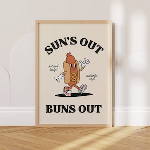 Retro Cartoon PRINTABLE Poster, Hot Dog Mascot Illustration, BBQ Summer Party Art Print, Kitchen Wall Decor