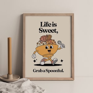 Poster retrò STAMPABILE, La vita è dolce Prendi una citazione a cucchiaio, Stampa motivazionale vintage, Arte della parete di personaggi dei cartoni animati retrò, Arredamento in stile anni '70
