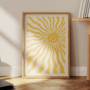 Cartel IMPRIMIBLE de cara sonriente retro, impresión de arte del sol de los años 70, decoración de la guardería de la habitación de los niños, decoración del hogar amarillo y beige, arte estético positivo