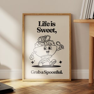 Retro PRINT, Life is Sweet Grab a Spoonful Wall Art, Beige Black Print, Retro Cartoon Character Wall Art, 70s Style Decor, UNFRAMED