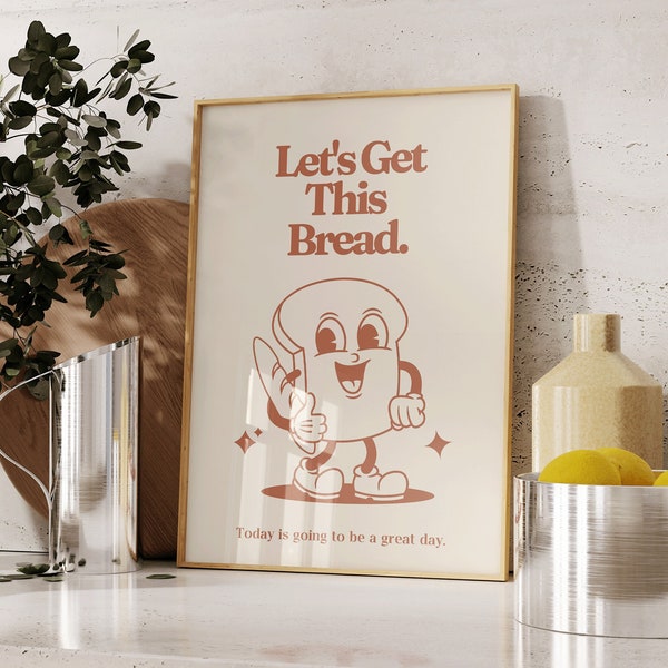 Retro Mascot PRINTABLE, Let's Get This Bread, Motivational Kitchen Wall Art, Vintage Home Office Decor, Red and Beige Poster