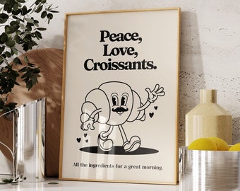 Retro Croissant Mascot Print, 70's Kitchen Art (UNFRAMED)