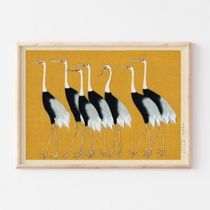 Vintage Japanese Art Print, Ogata Korin Seven Red Crown Cranes Printable Poster, Digital Download, Mustard Yellow Wall Decor