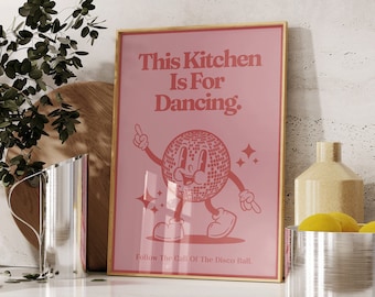 Retro Disco Ball Kitchen Print, Pink and Red Wall Art